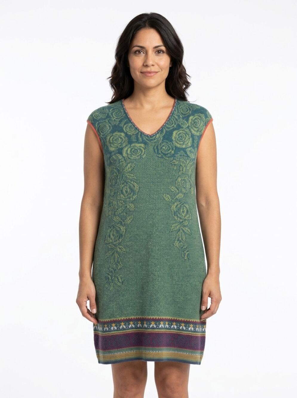 Ivko Green Knee Length Knit Sweater Dress Floral Women Size 40